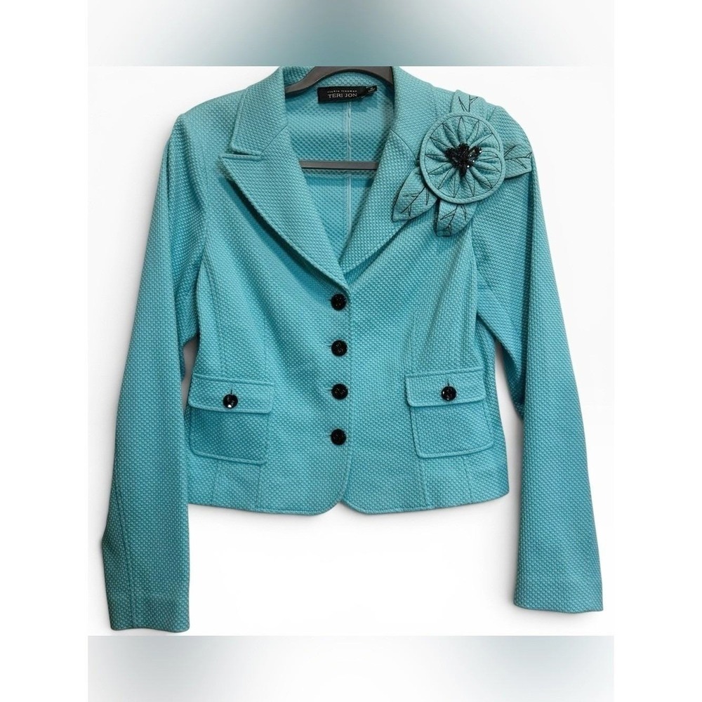 Vintage Teri Jon Rickie Freeman Aqua Blue Textured Blazer Floral Brooch 10 / L‎